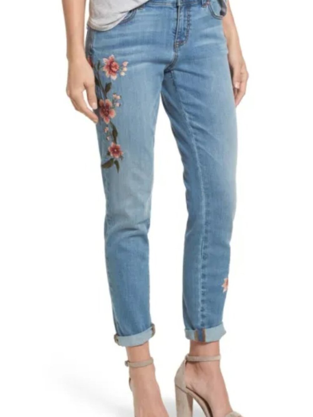 Caslon Womens Size 28 Blue Denim Boyfriend Jeans Embroidered Floral Distressed